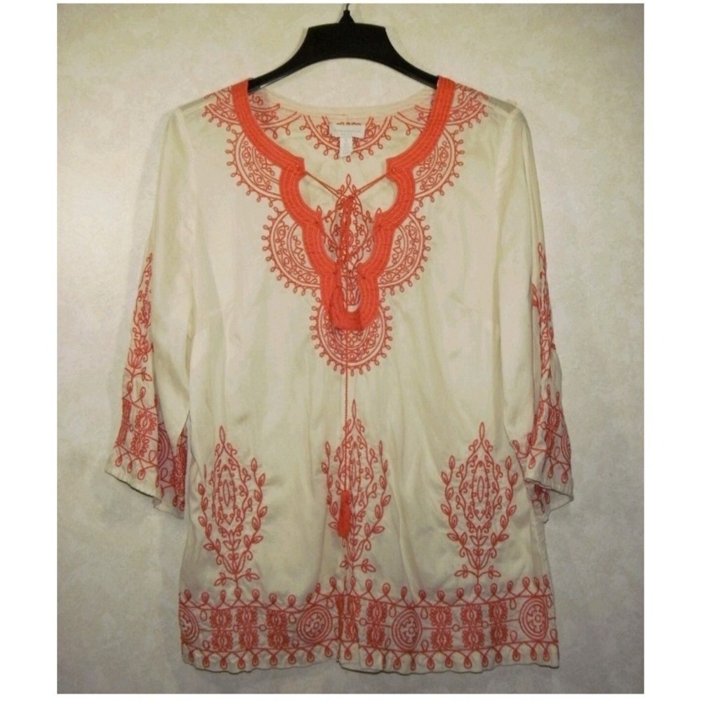 Charter Club‎ Womens Top Tunic 2X Plus Embroidery Beach Boho 3/4 Sleeve Bohemian